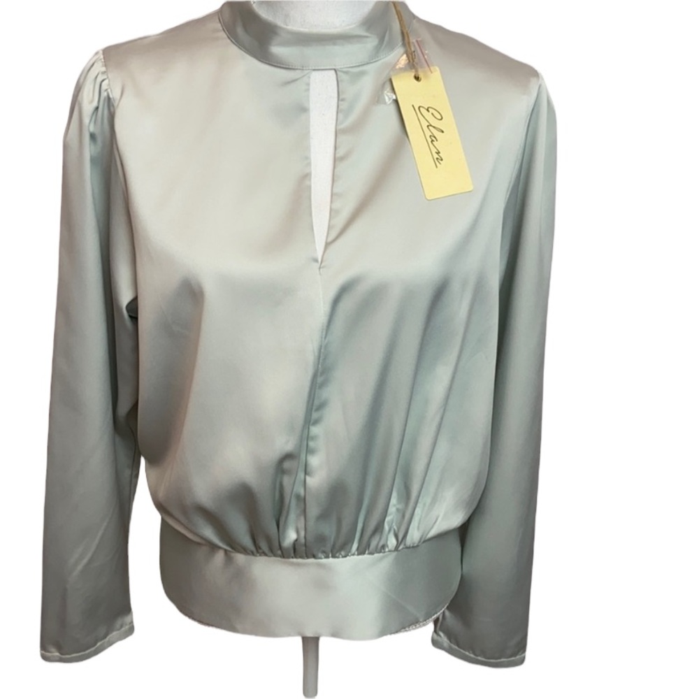 ELAN Silver Satin Top Keyhole Neckline Blouse NWT